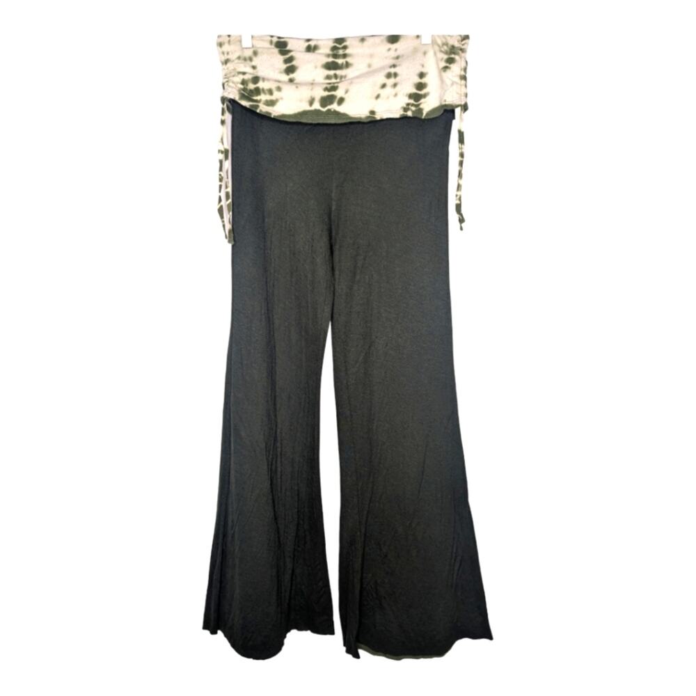 Y2K Gypsy 05 Green Cotton Wide Flare  Ruched Tie Dyed Foldover Waist Yoga Pant